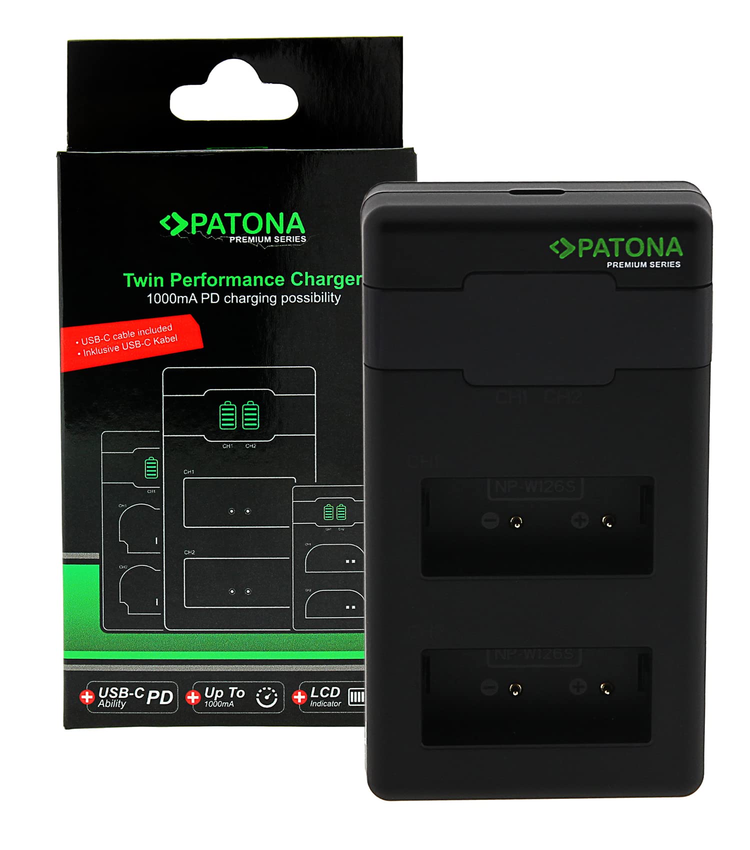 PATONA NP-W126s NP-W126 Premium Caricabatterie PD-Performance (1000mA), Caricatore Dual LCD USB-C PD/QC capace, ricarica rapida con alimentatore 20W compatibile con Fujifilm X-M5 X100VI X-S10 X-T30
