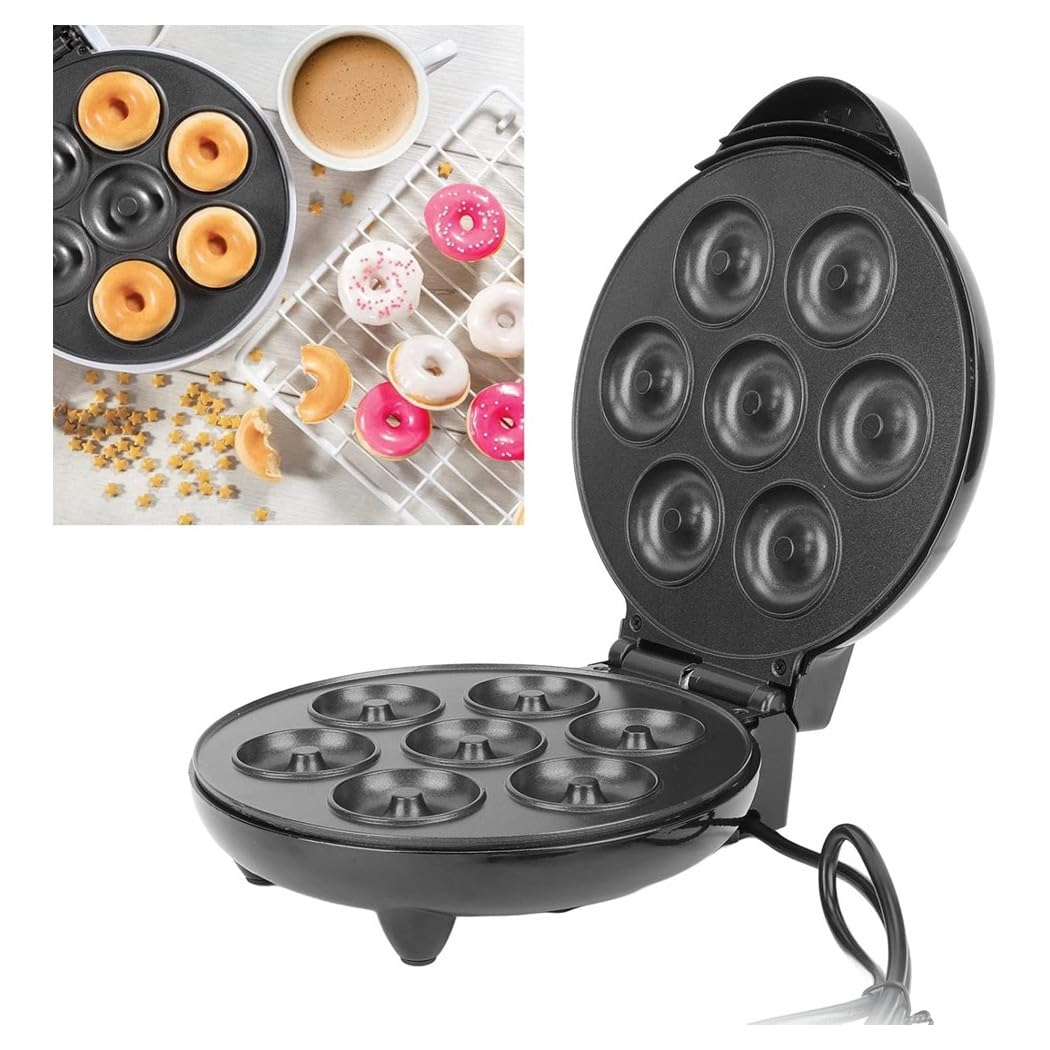 Trade Shop - Mini Donut Maker 1000w Antiaderente Riscaldamento A Doppia Faccia Elettrico 7 Ciambelle -