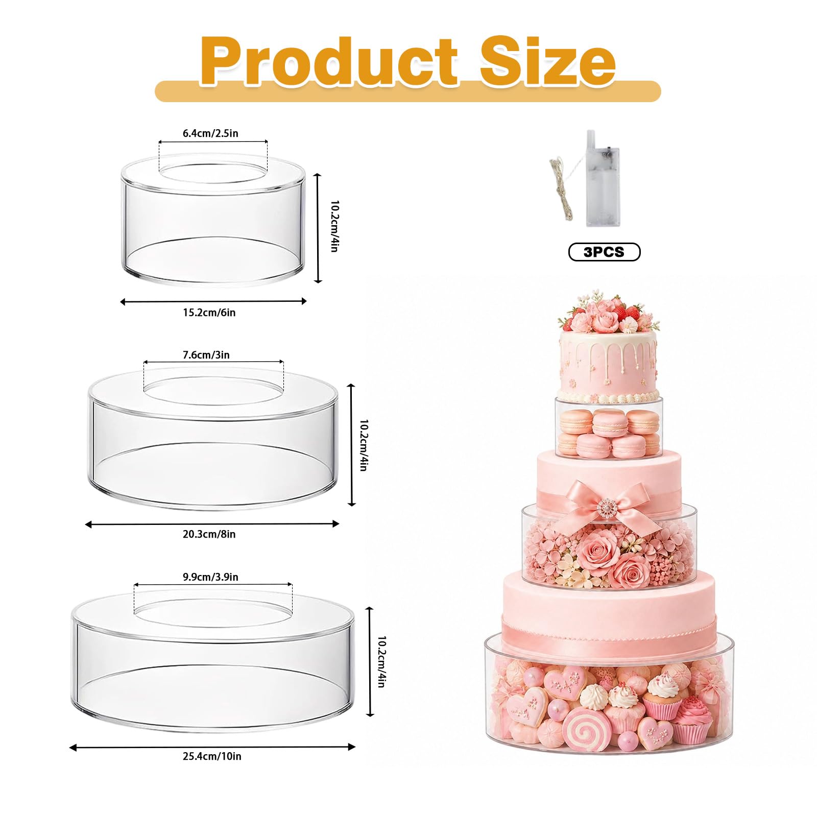 Soportes para tartas de varios niveles, de acrílico, con 2 LED, decoración para cumpleaños, bodas y fiestas (juego de 3 piezas)