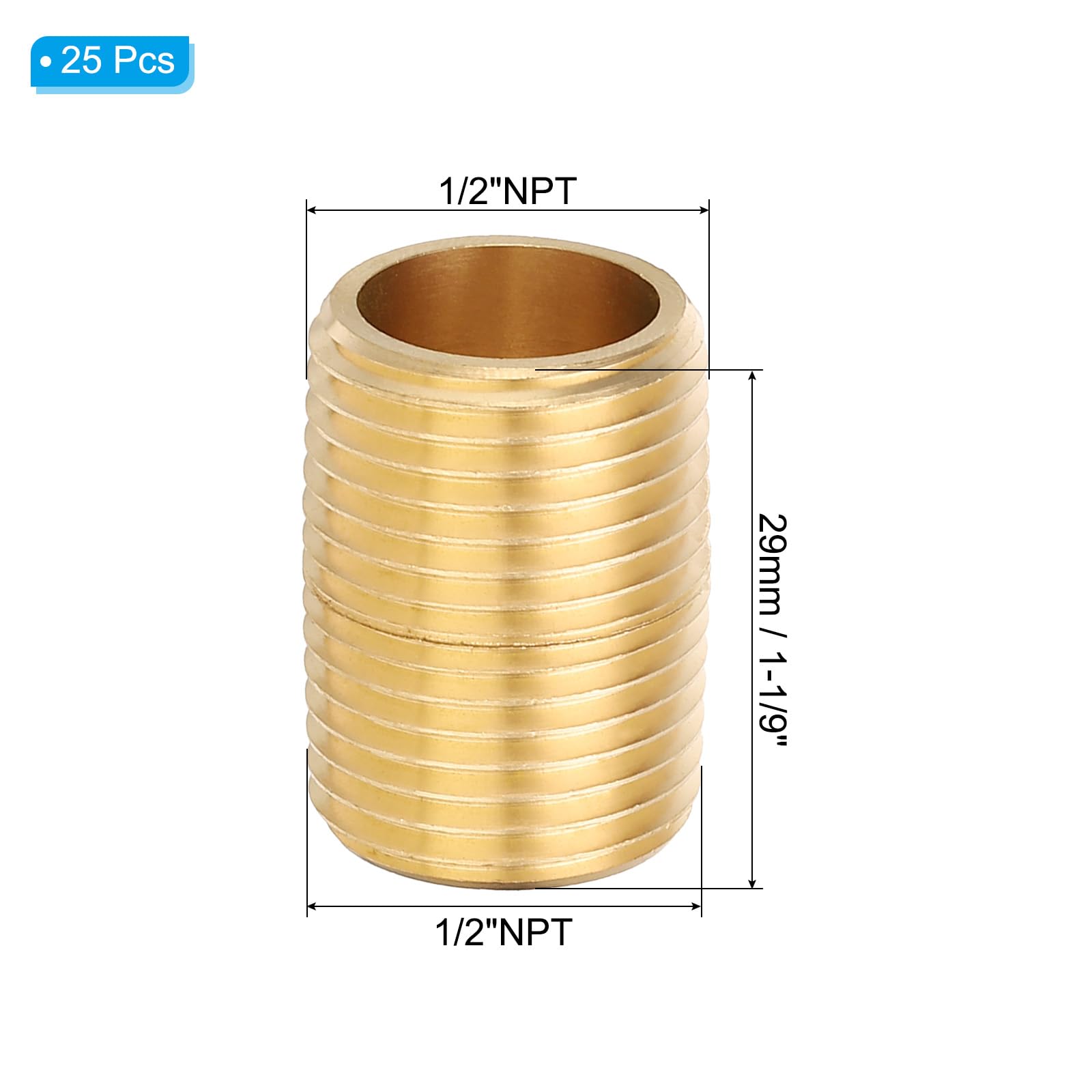 PATIKIL 1/2" x 1/2" NPT Male Raccord En Laiton Raccord De Tube Court, 25Pcs 1-1/9" Long Raccord De Tube Droit Pour Système De Carburant, Air, Eau, Huile, Gaz, Ton Laiton