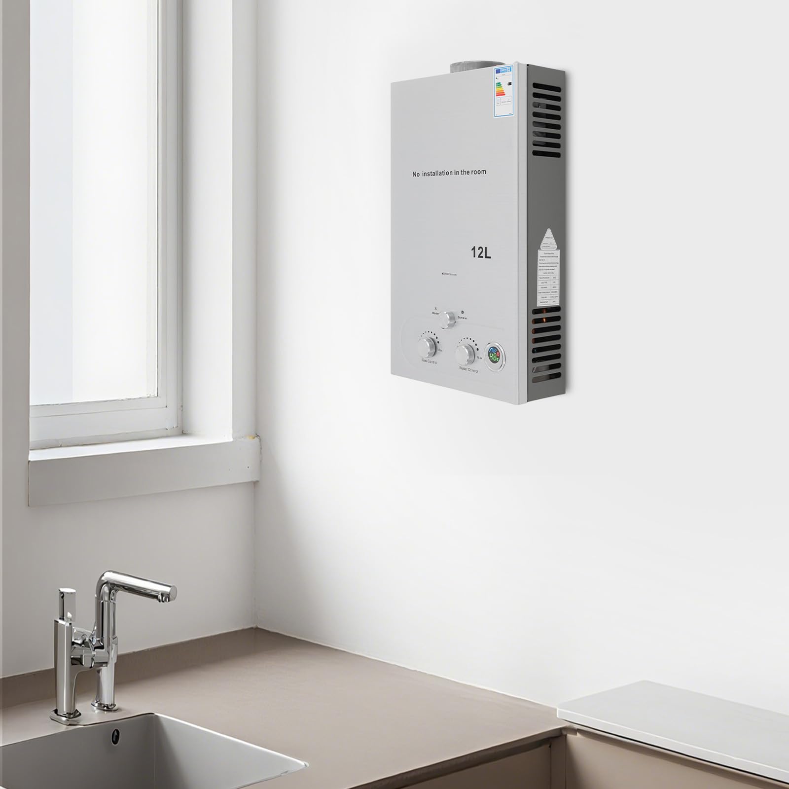 Calentador de agua instantáneo de gas de 12 litros, con pantalla digital para interiores, para gas natural y propano, calentador de agua de alta eficiencia