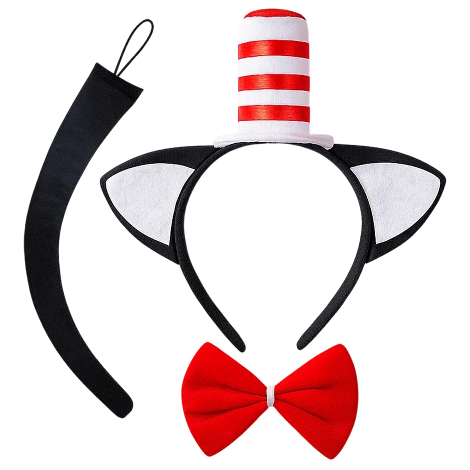 YTLSDHF 3-Piece Cat Costume Accessory Set, Cat In The Hats Costumes, Cat Ears Headband With Red Bow, Cat Ears And Tail
