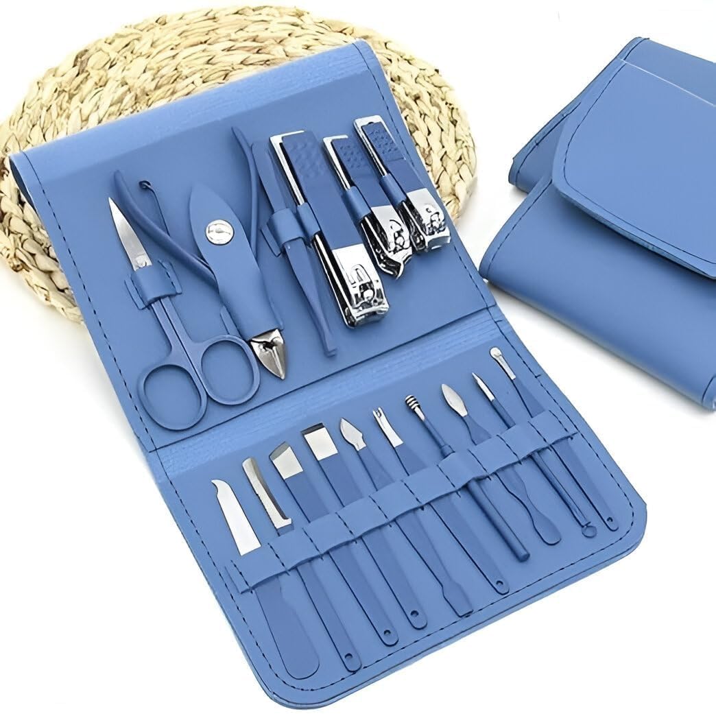 Manicure Pedicure Set, Stainless Steel with PU Leather Case, 16-Piece Nail Care Kit, Steel Blue-image-47