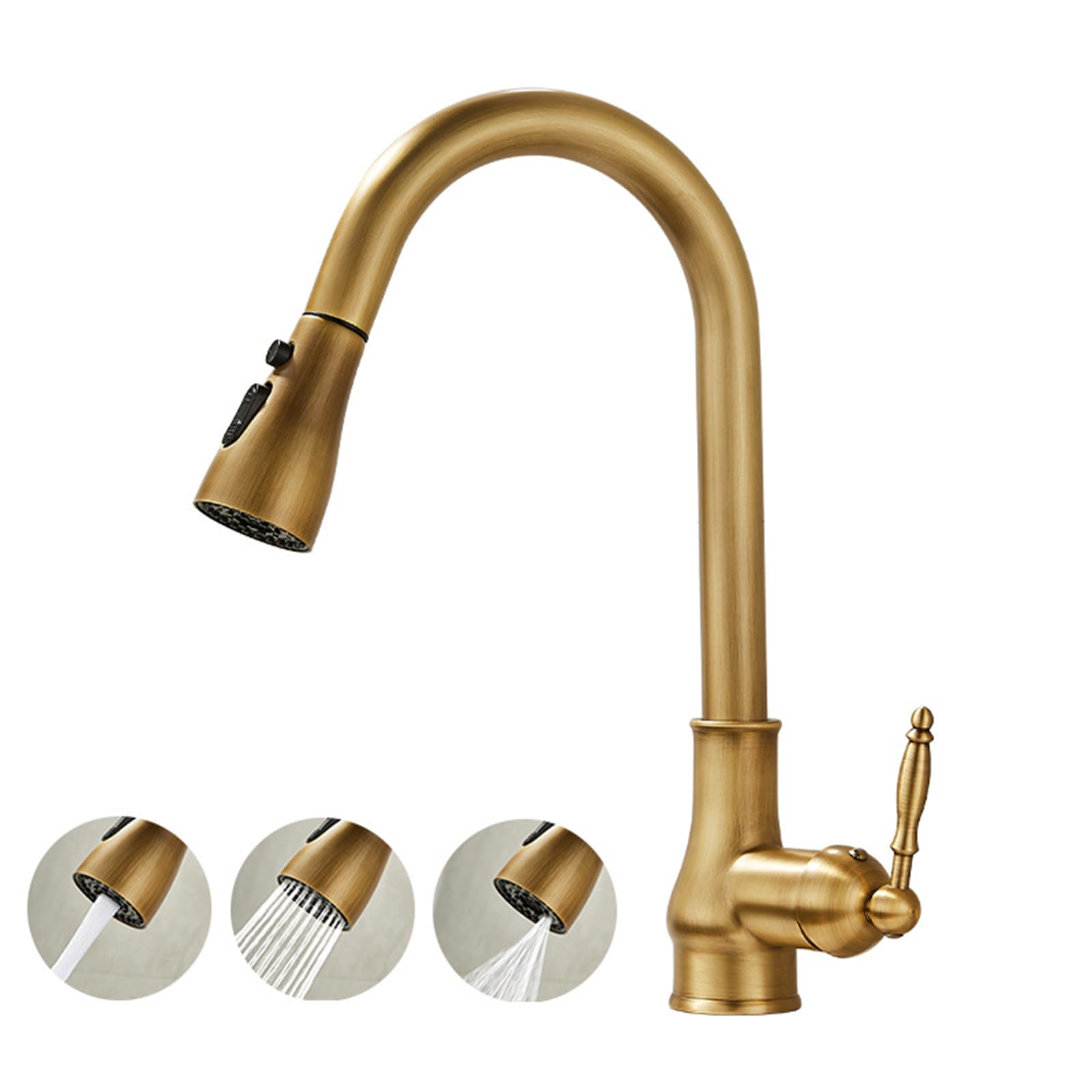 Zqfhsx Antique Brass Vintage Kitchen Faucet With Pullout Spray 360° Swivel Single Handle High Arc Mixer Tap For Modern And Classic Kitchens
