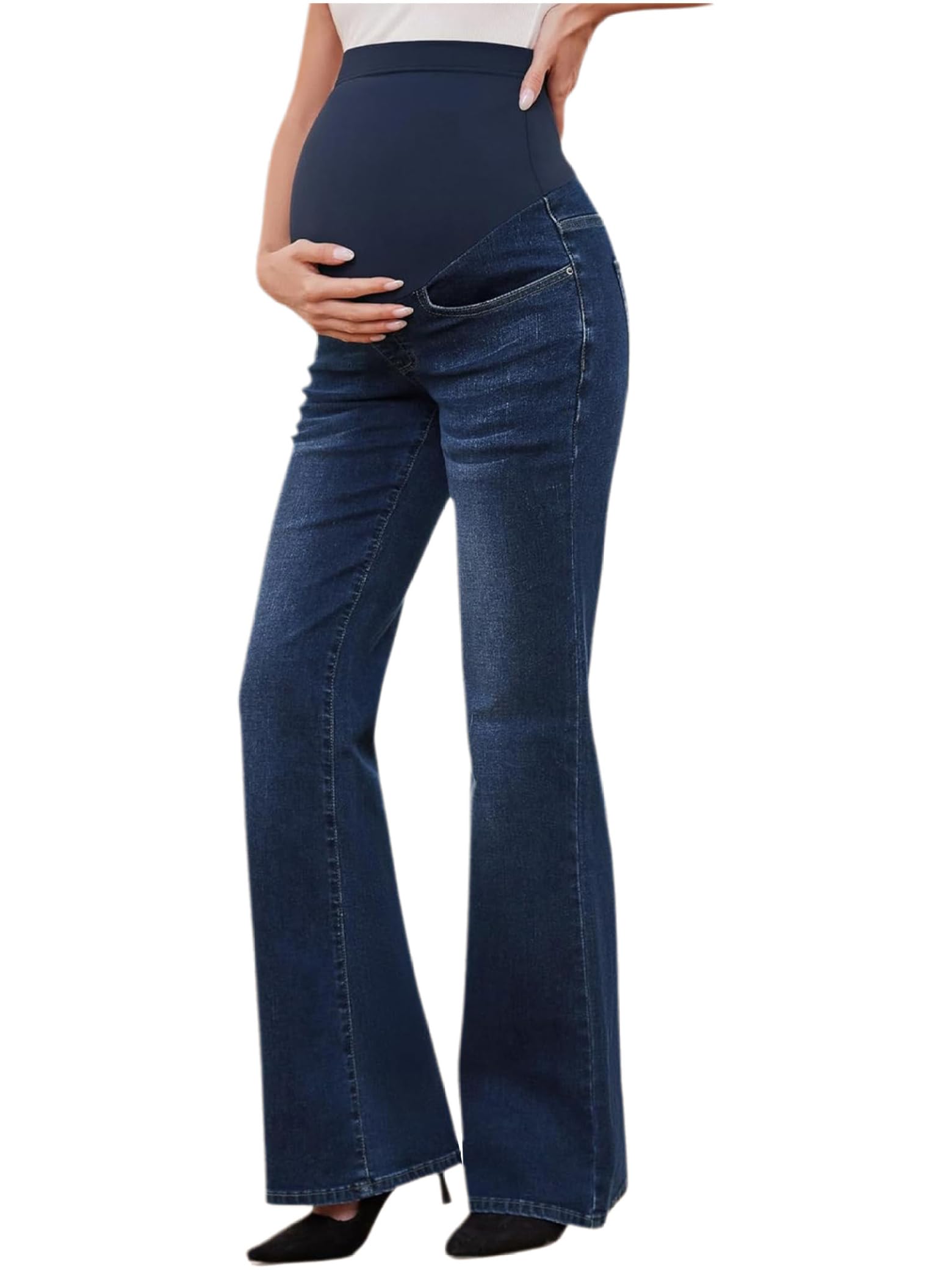 Pantalones vaqueros de maternidad para mujer, con cintura alta, elásticos, acampanados, con bolsillos