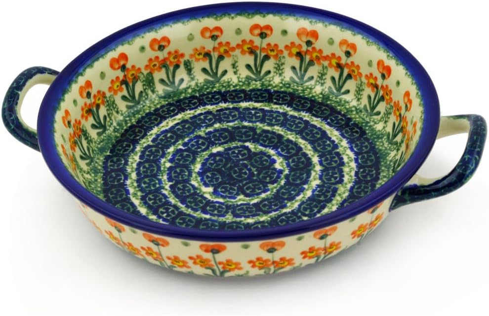 Polish Pottery Baker - Round with Handles - 8" - Peach Spring Daisy