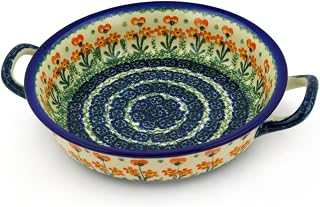 Polish Pottery Baker - Round with Handles - 8" - Peach Spring Daisy