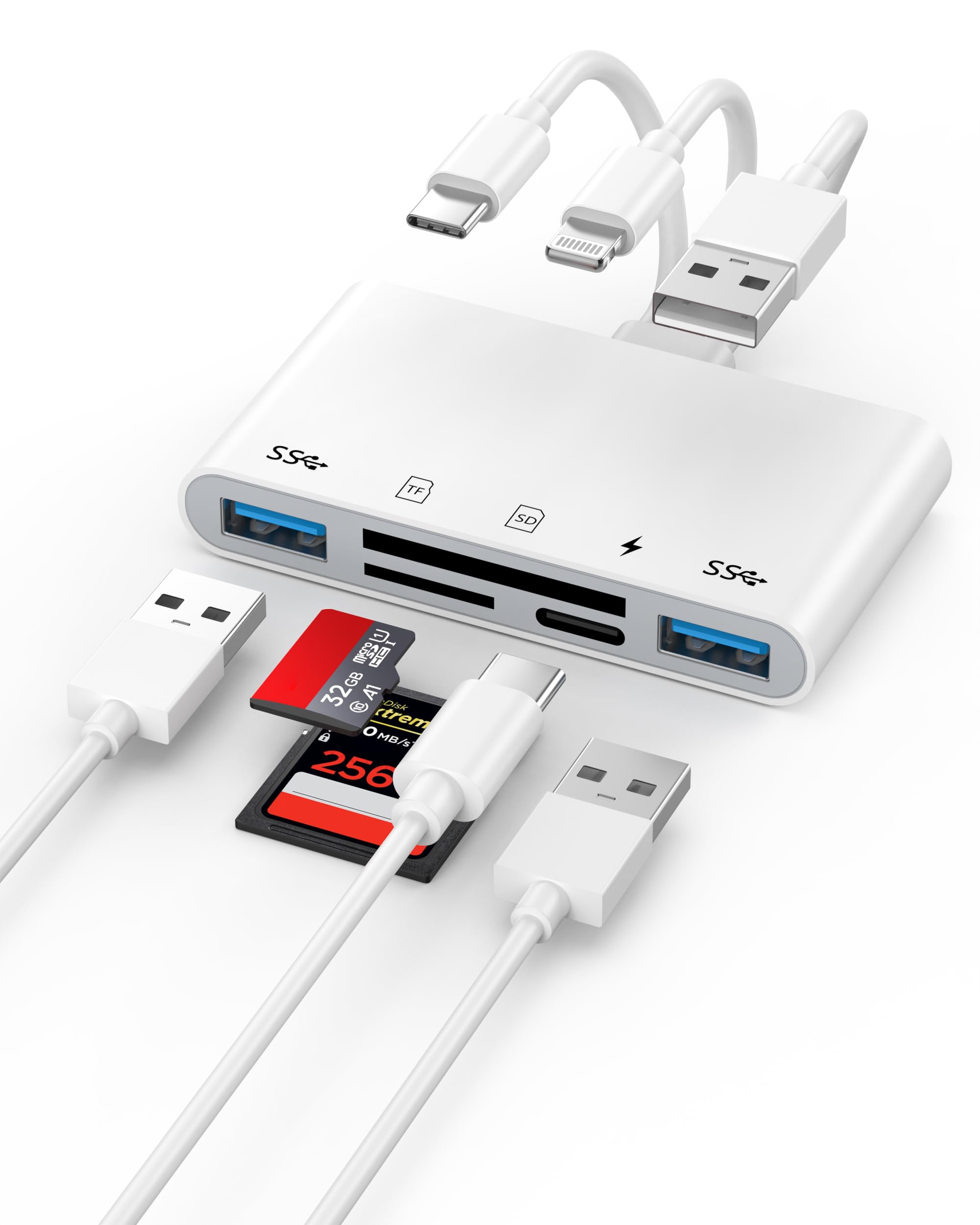 5-in-1 Memory Card Reader, OTG Adapter & SD Card Reader for iPhone 17 16 15 14 13 12, Type C/Lightning/USB A Devices with Micro SD/SD Card Reader/2 USB 3.0/Type C Charging Slots, Plug and Play-image-40
