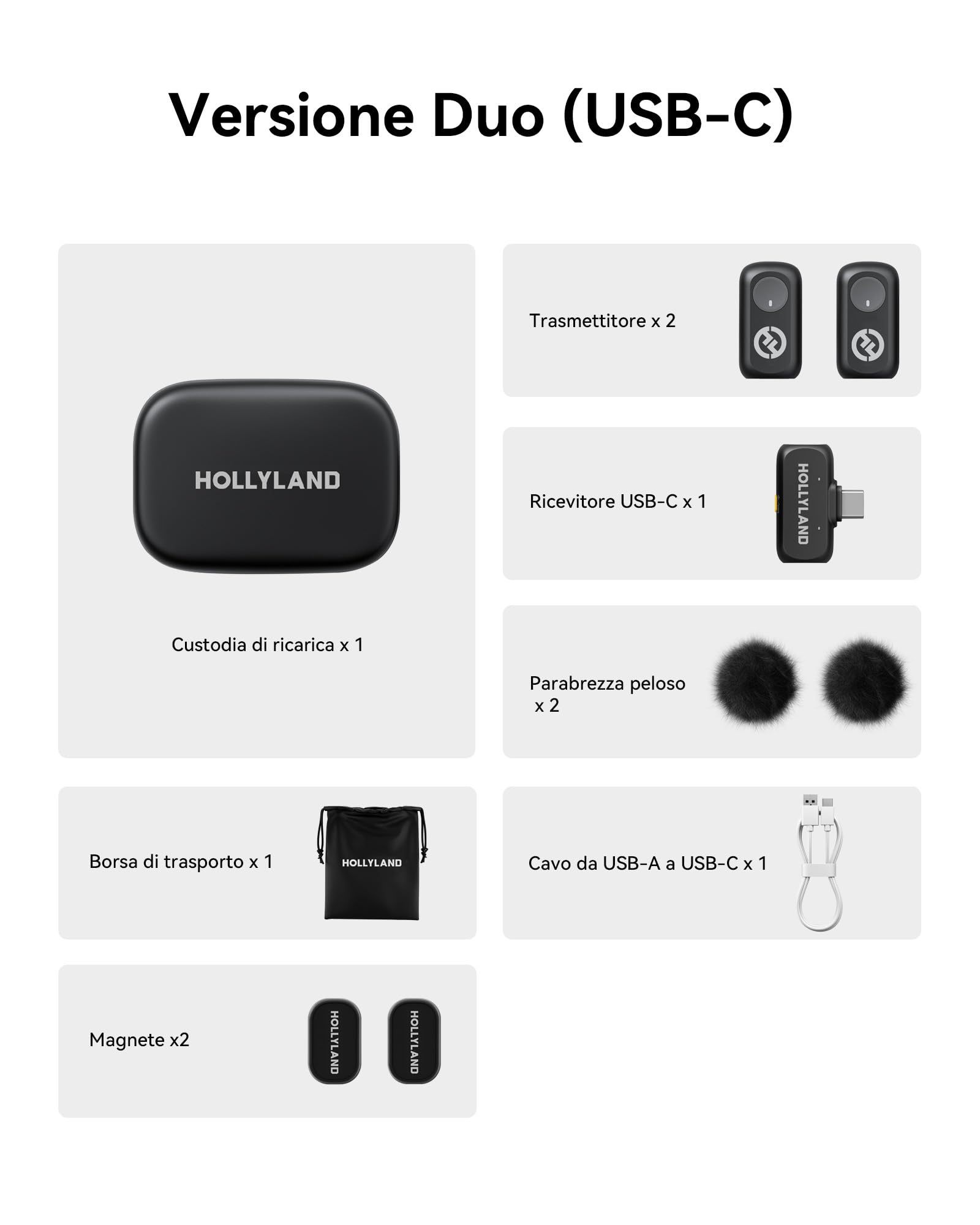 Hollyland LARK A1 Duo Mini microfono wireless per iPhone 15/16 Android 2 TX RX USB-C custodia di ricarica Nero