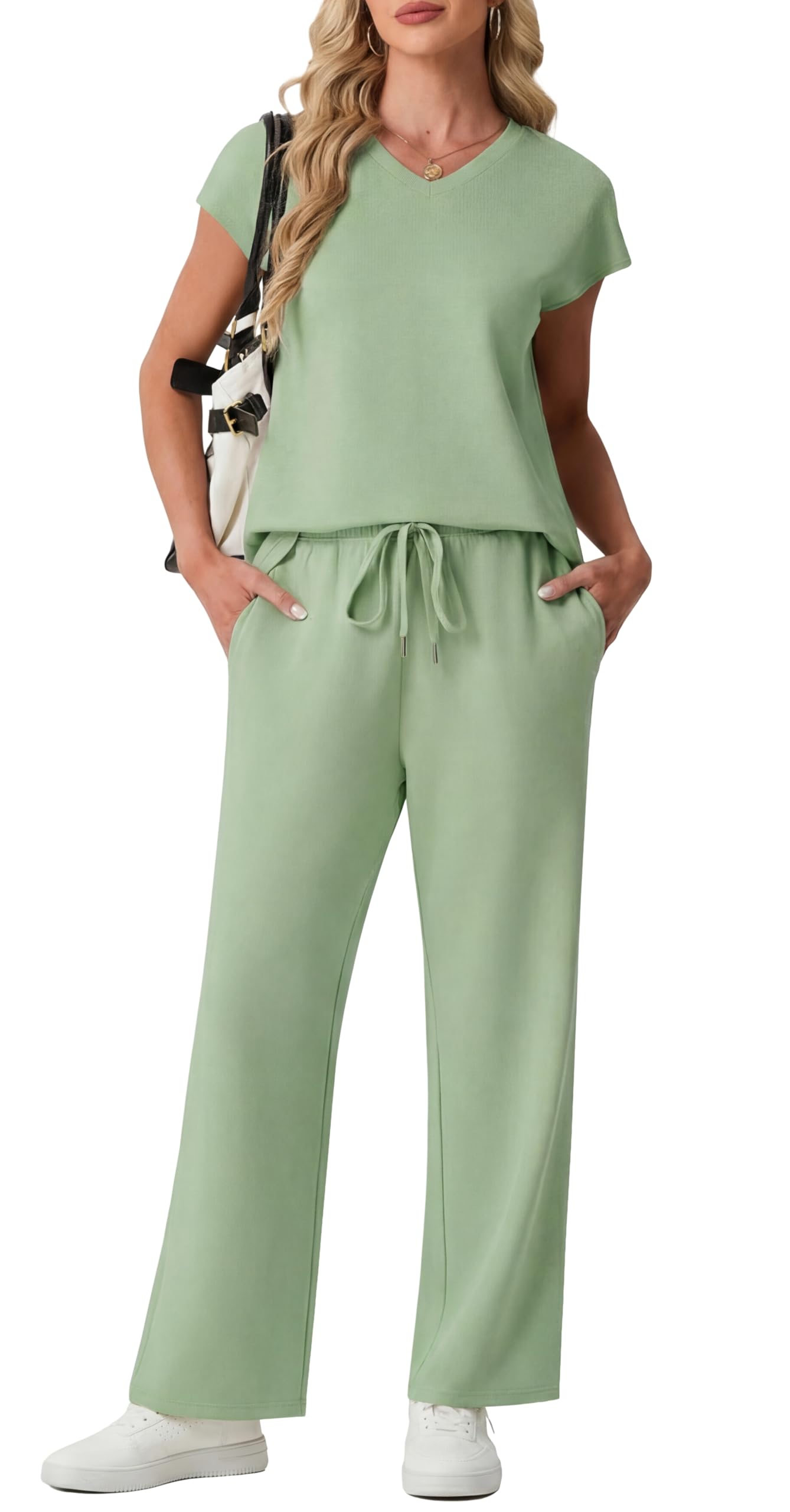 GRECERELLE Conjunto completo de chándal para mujer, de manga corta, de verano, para descansar, conjunto de dos piezas, casual, cuello redondo, tops y pantalones deportivos para gimnasio con bolsillos