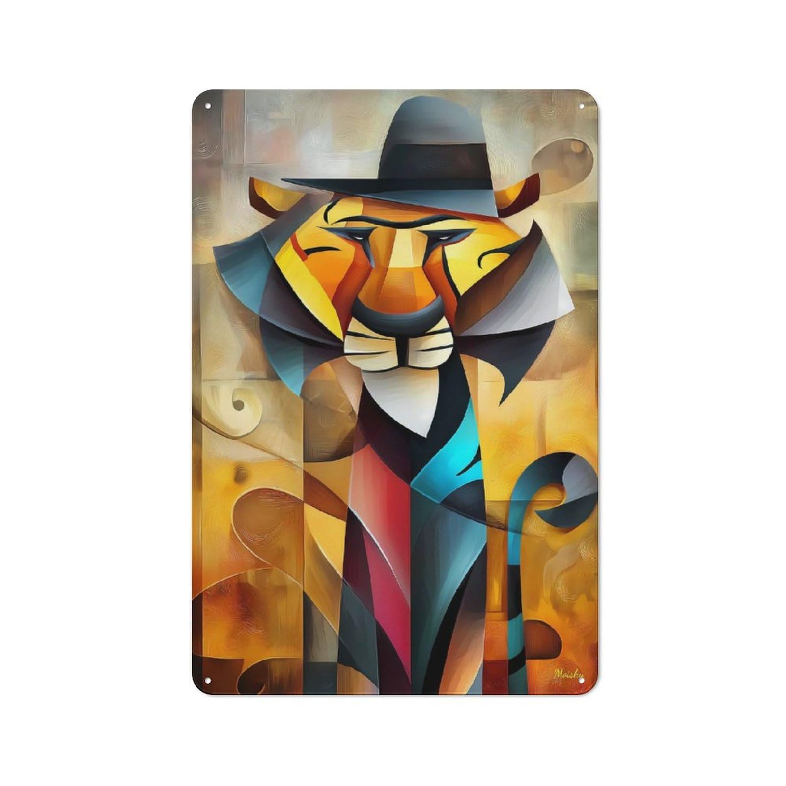Junmoney Charming Tiger – Cubist Gentleman Of The Wild Tin Wall Plaque 30X20cm With For Dining Room Or Kitchen, For Collectors Decorating Kitchens And Dining Spaces
