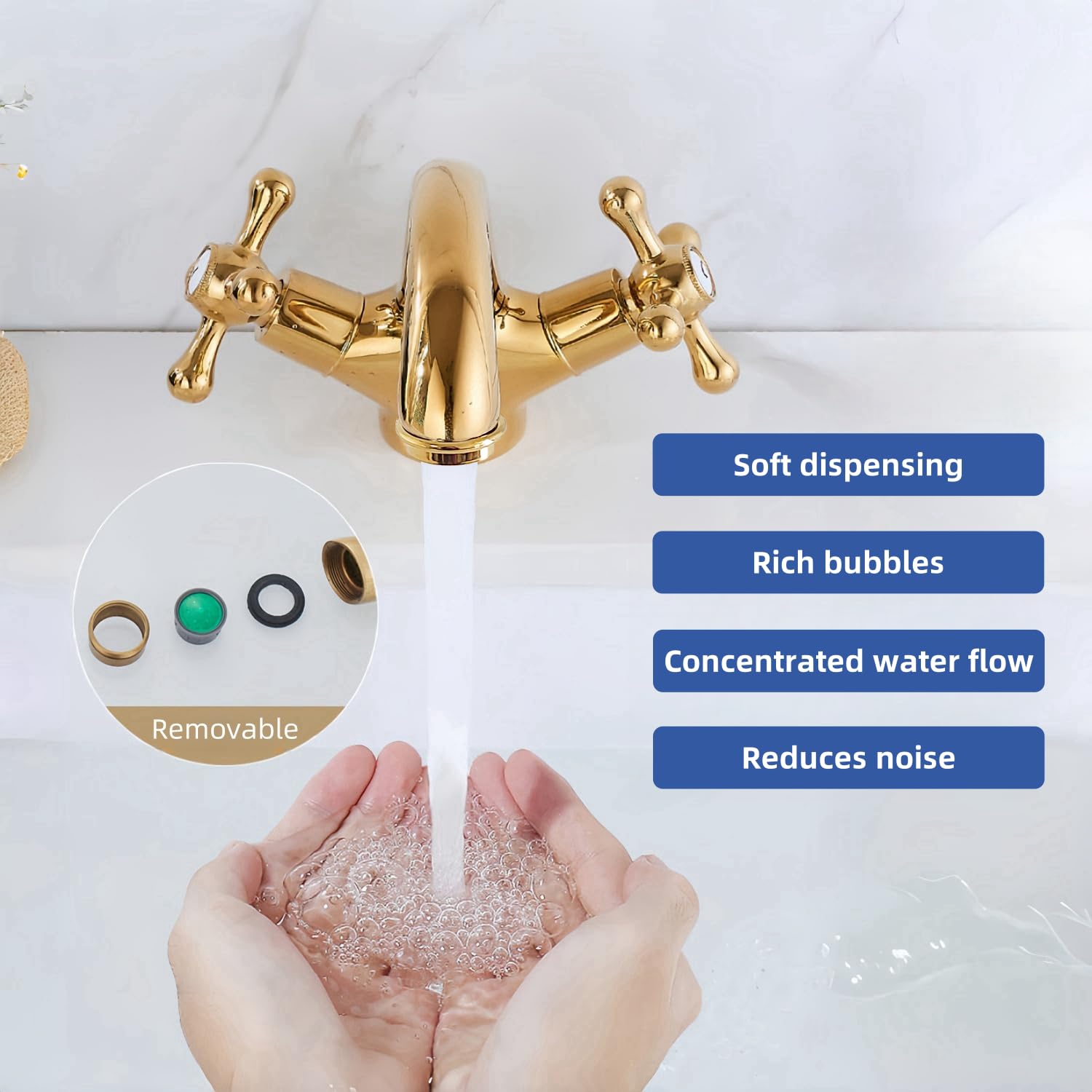 Grifo de Lavabo Latón Dorado, Grifo Baño Dos Manijas, Grifo Mezclador Baño Fregadero, Grifería de Lavabo Agua Fría y Caliente con Tubo Flexible