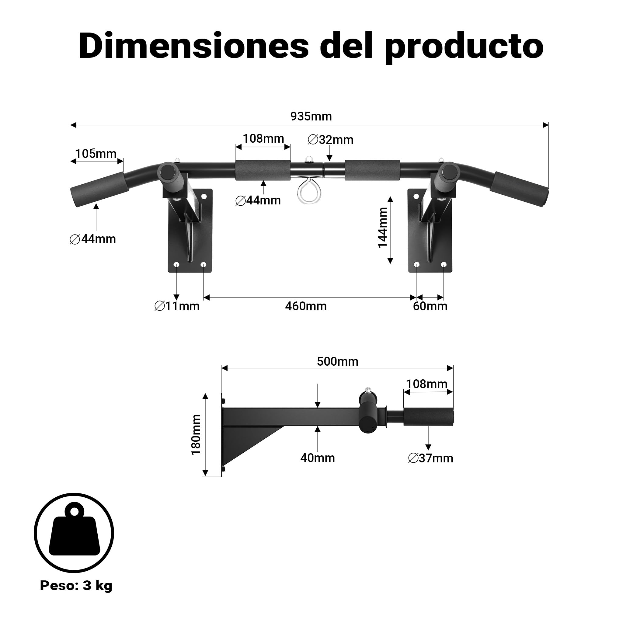 Barra de dominadas para montaje en pared hasta 200 kg, de acero con asas acolchadas, accesorio de fitness lanza de flexiones para entrenamiento en casa para diversos ejercicios deportivos