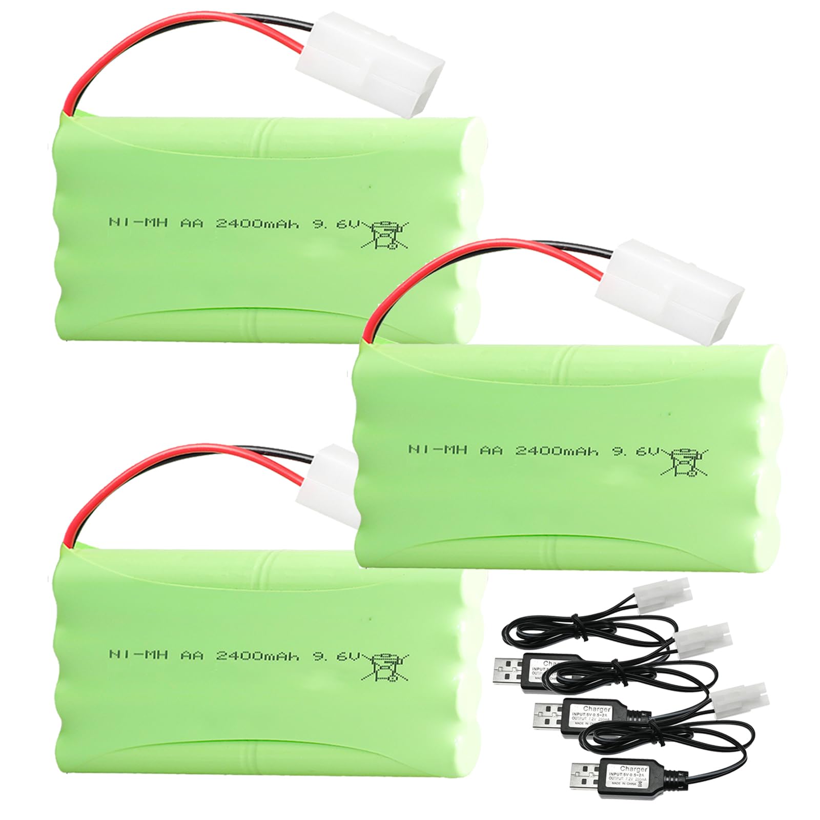 3Pcs Batería Recargable de Repuesto RC NI-MH AA de 9.6V 2400mAh con Cable Cargador USB KET-2P para Juguetes, Drones, Accesorios de Coche con Control Remoto