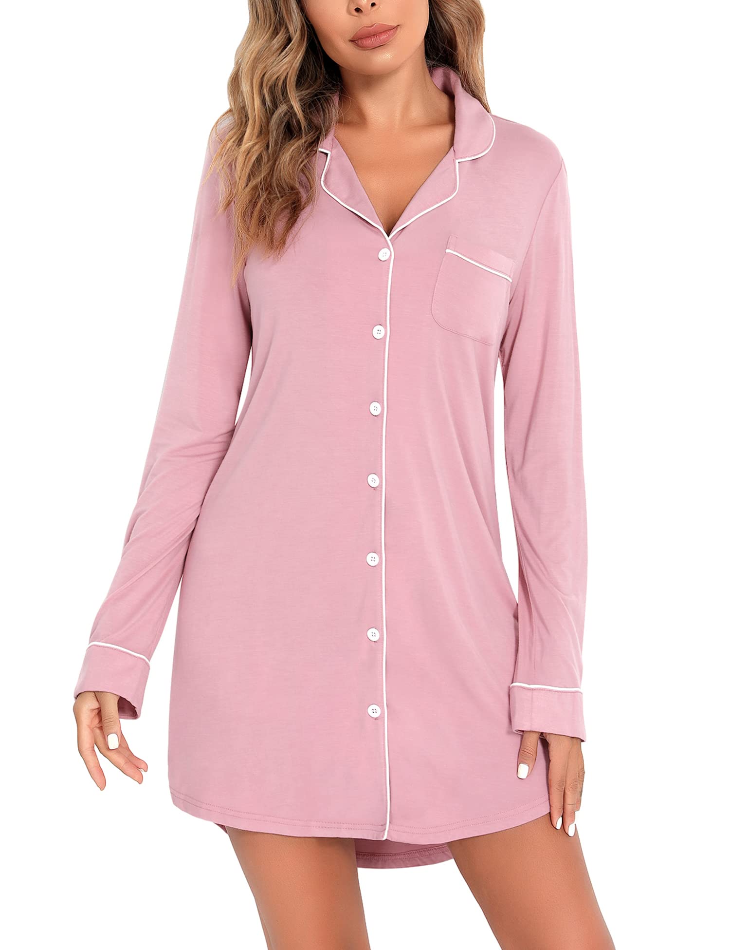 Senert Samring Nightgown for Women Sleep Shirt Short Long Sleeve Sleepwear Boyfriend Nightshirt Button Down Pajama Dress S-XXL, Long Sleeve-bean Paste, Medium