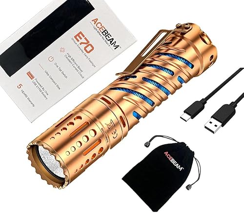 Acebeam Linterna LED de cobre E70 -4600 lúmenes hasta 787.4 ft de alcance 5000K blanco cálido - Batería no incluida