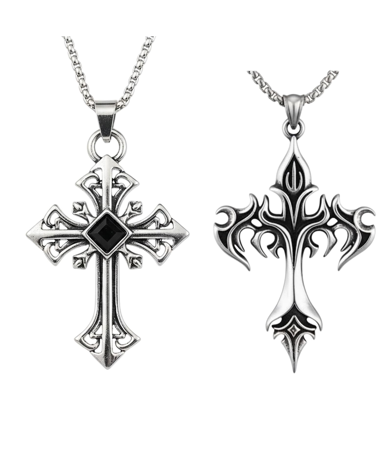 2 Pieces Gothic Jewellery, Flame Punk Cross Necklace Set for Men and Women, Chain for Men, Pendant, Mens Accessories Stylish, Gothic Punk Statement Jewelry