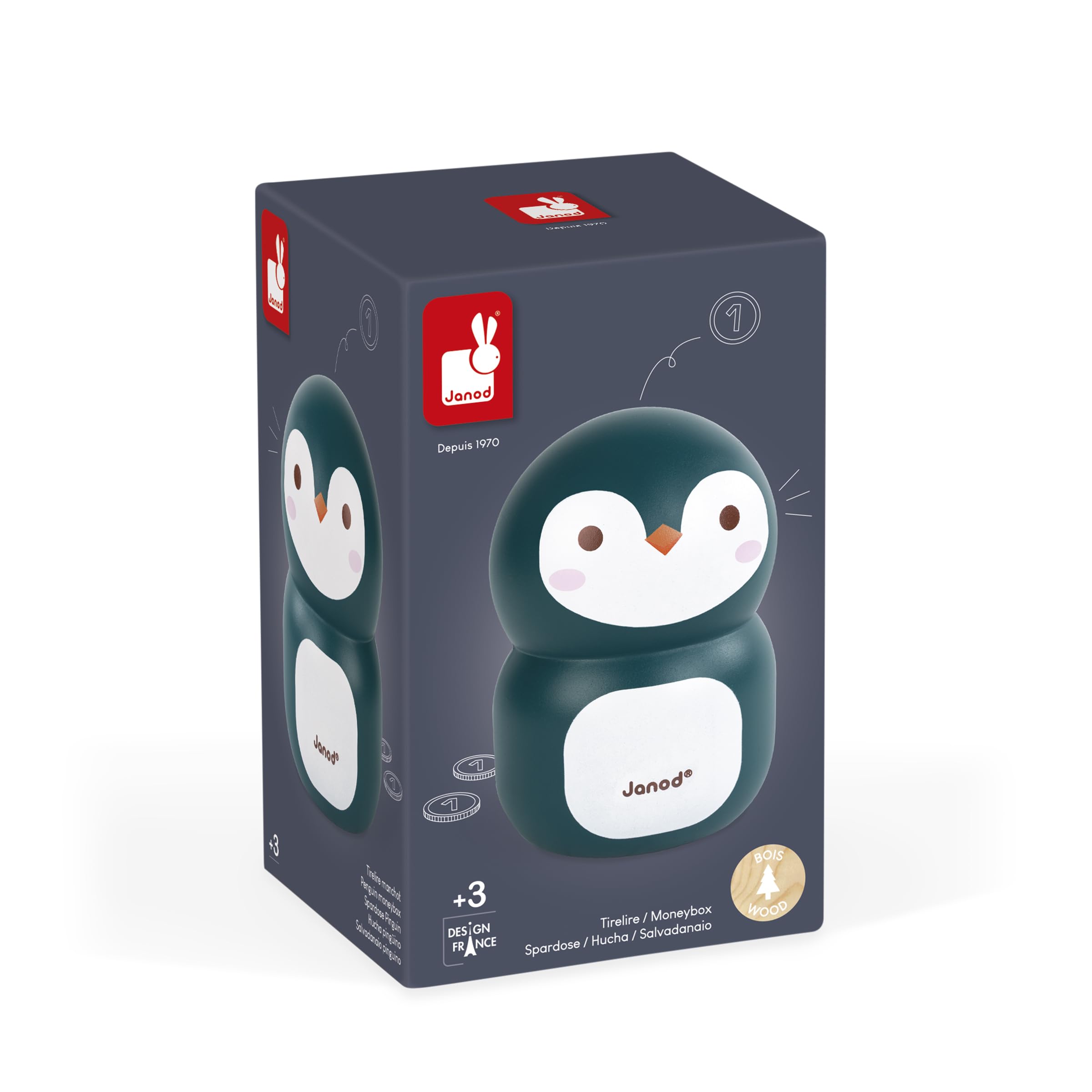 Janod - Penguin Wooden Children’s Money Box 5.9 inch - Children's Room Decoration - Suitable for Ages 3 and Up, J04650