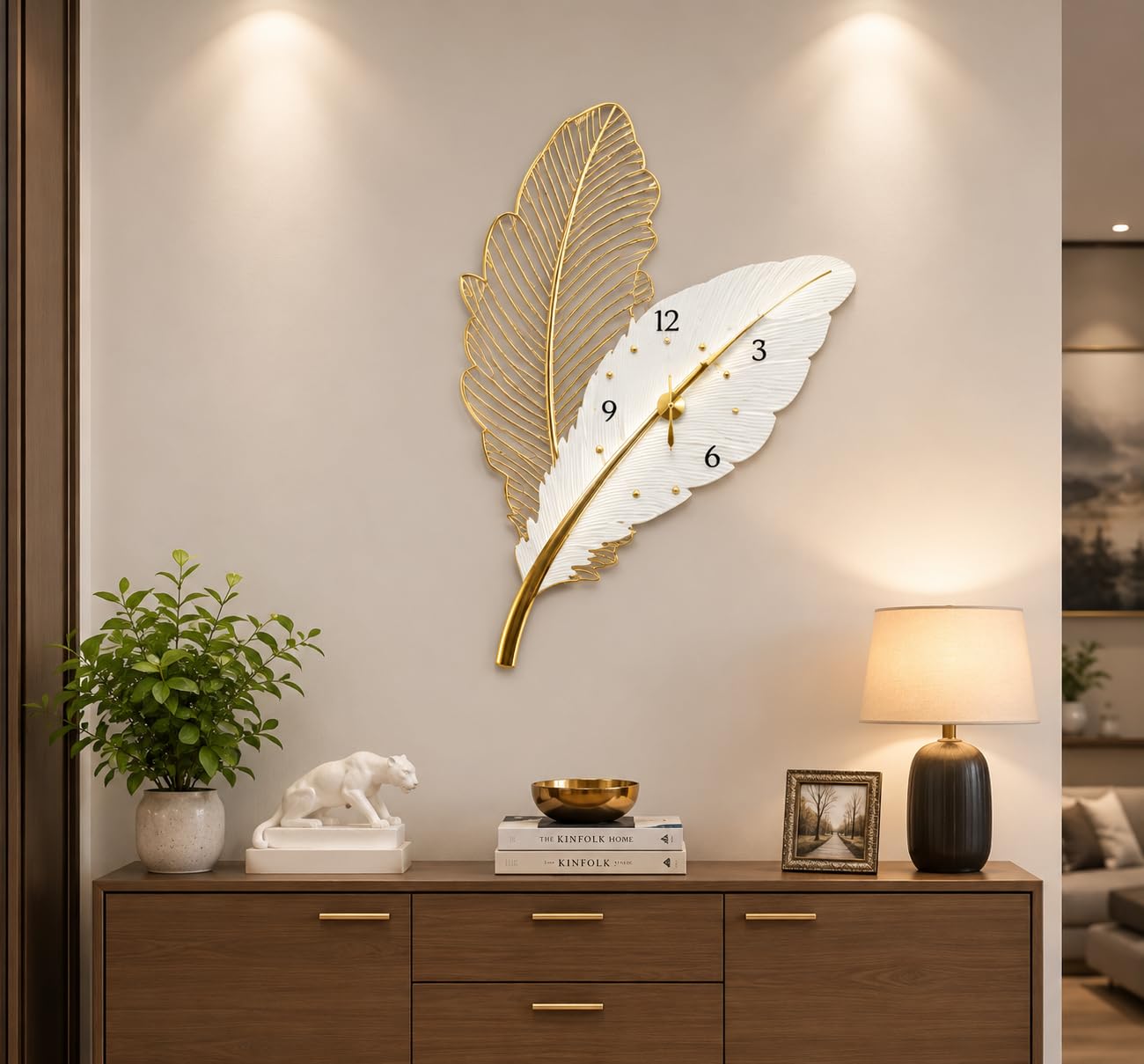 Designer Gold and White Decorative Feather Wall Clock for Living Room, Bedroom, Office, Hallway and Premium Wall Decoration-image-17