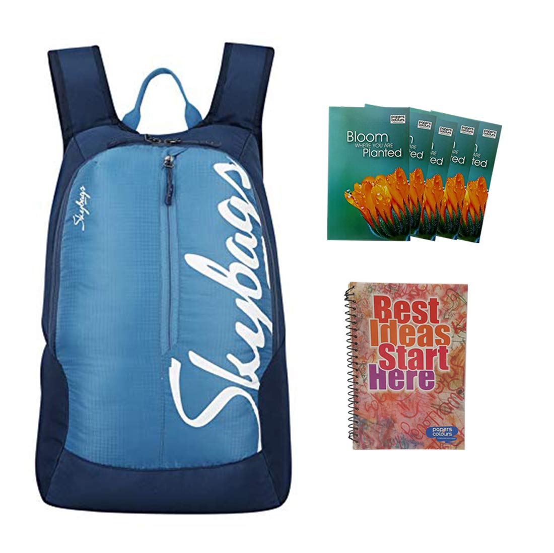 MaBelle BOHO 04 SKYBAG Trendy Design 18L School/College Bag Combo with 1 Single Line Spiral Binding 200 Pages Notebook & 5 Register (108 Pages) ,-01 Set/Premium Materials - Blue