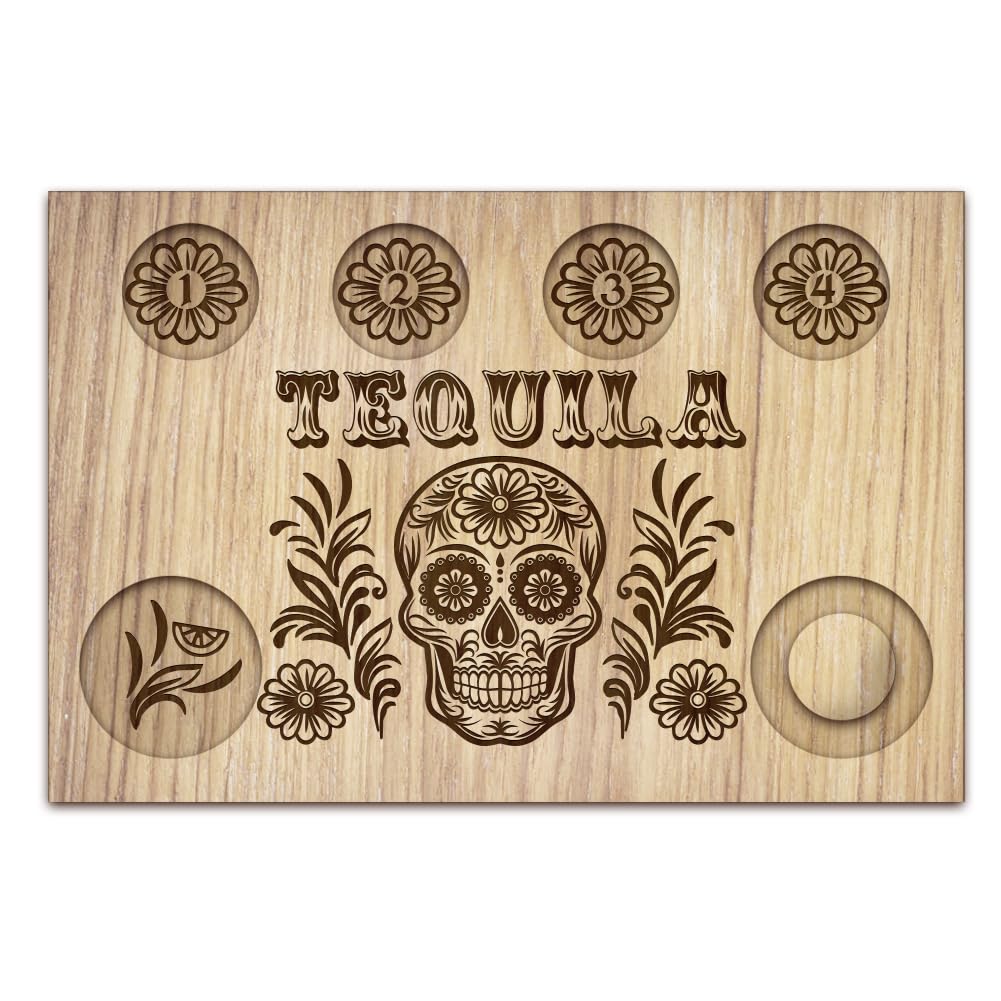 BENECREAT Skull Tequila Shot Glasses Serving Tray Glass Holder Made of Wood with Salt Rim Shot Glass Board for Bar Restaurant Party Family Reunion 20 x 30 cm