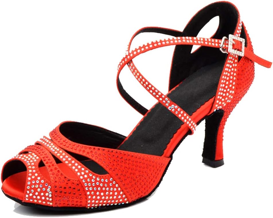 Women's Flared Heel Satin Rhinestones Salsa Ballroom Latin Wedding Dance Shoes Prom Evening Praty Sandals