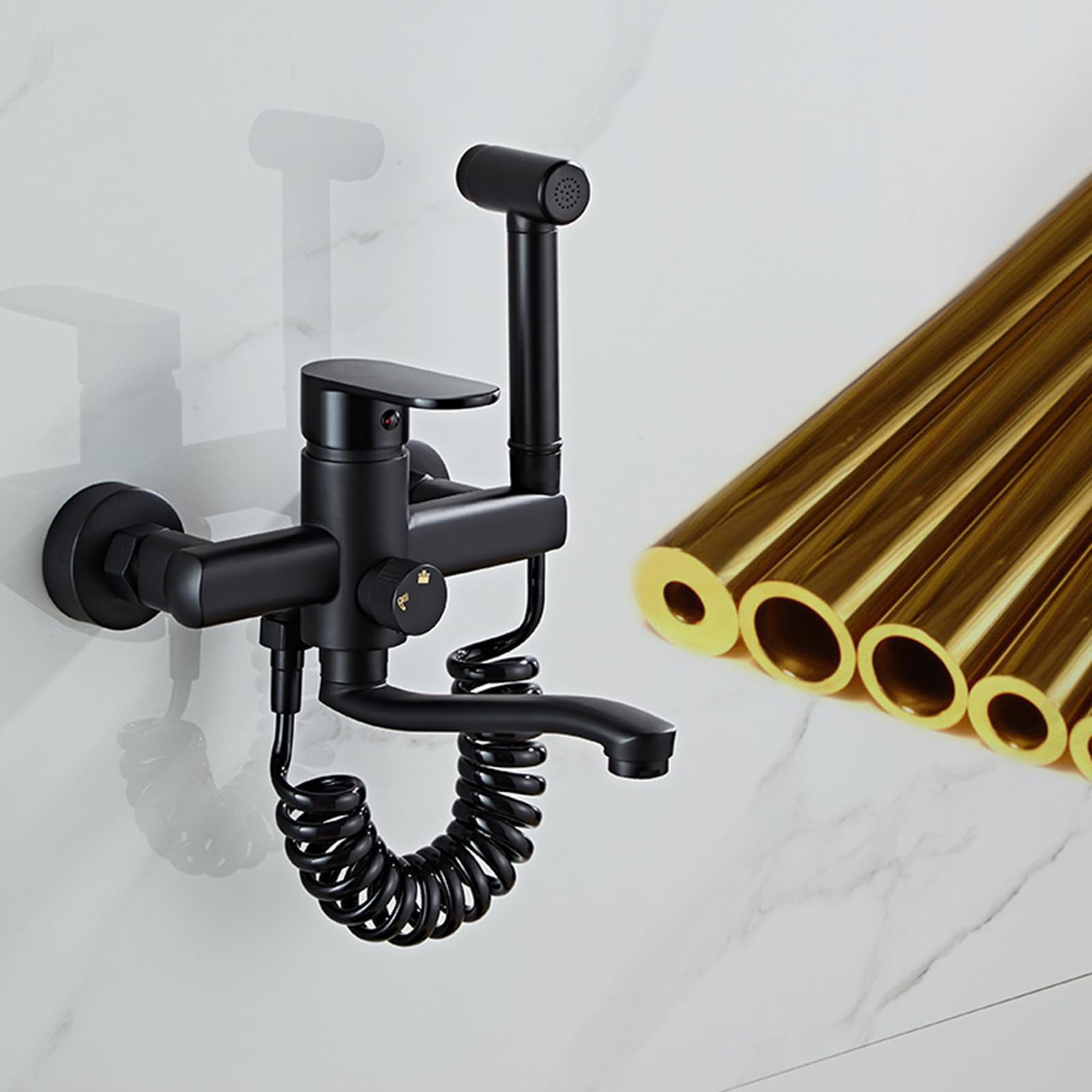 Czarny ścienny kran kuchenny z obrotowym pistoletem natryskowym o 360° podwójna funkcja ciepła i zimna woda 20 cm długość wylewki nowoczesny design dla łatwego użytkowania