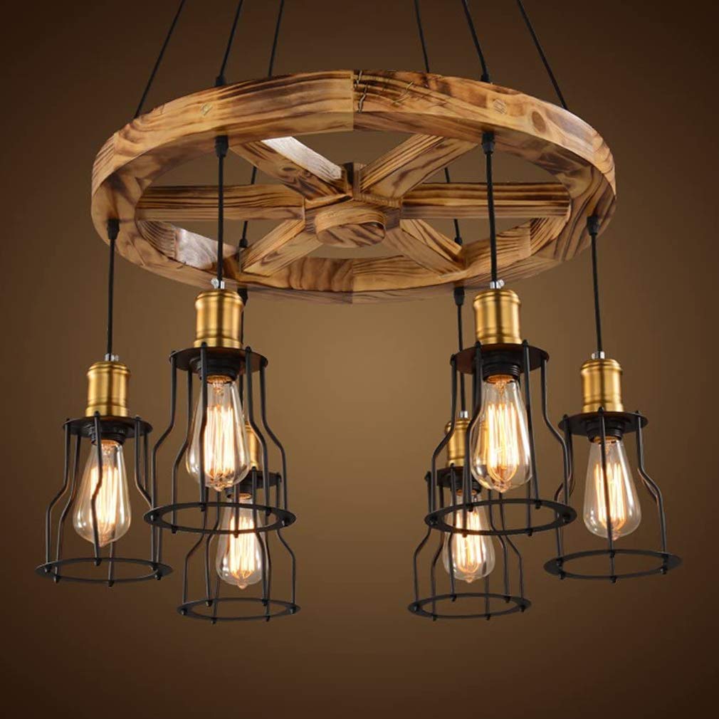 E27 Vintage hanglamp houten rond industrieel design rustiek zwart hanglamp voor klassieke woonkamer eetkamer werkkamer loft kroonluchter 6-vlammig, in hoogte verstelbaar, lengte 60 cm