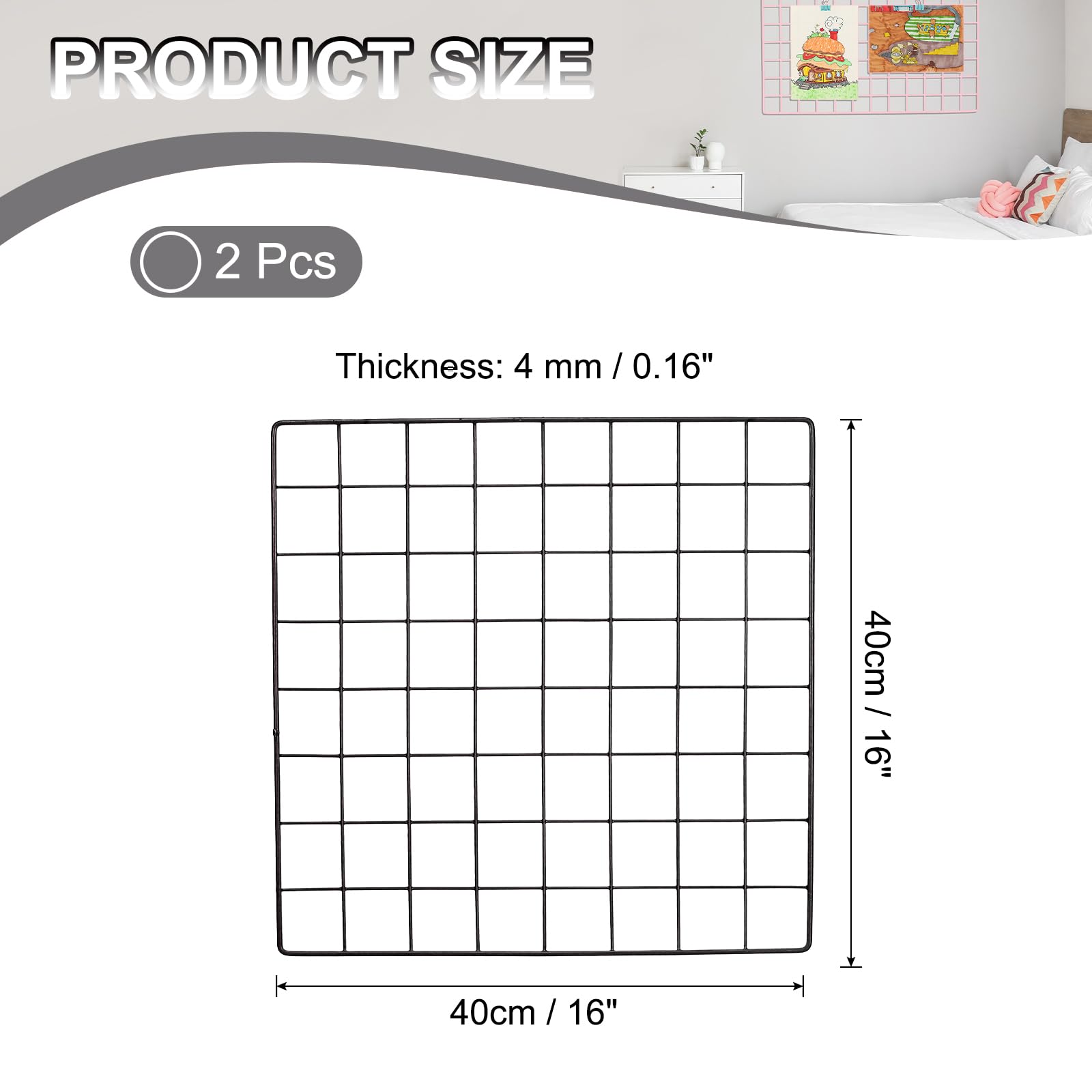 PATIKIL 40x40cm Wire Grid Panel, 2 Pack Board Photo Pictures Memo Display Grid Panels Hanging Organizer Wall Decorative Panel for Home Office Wedding, Black - Image 2