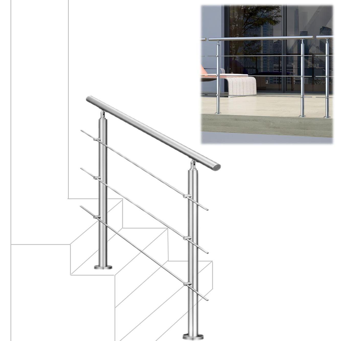 120cm 304 Stainless Steel handrail with 3 crossbars Balustrade Stairs/Steps for Outdoor and Indoor