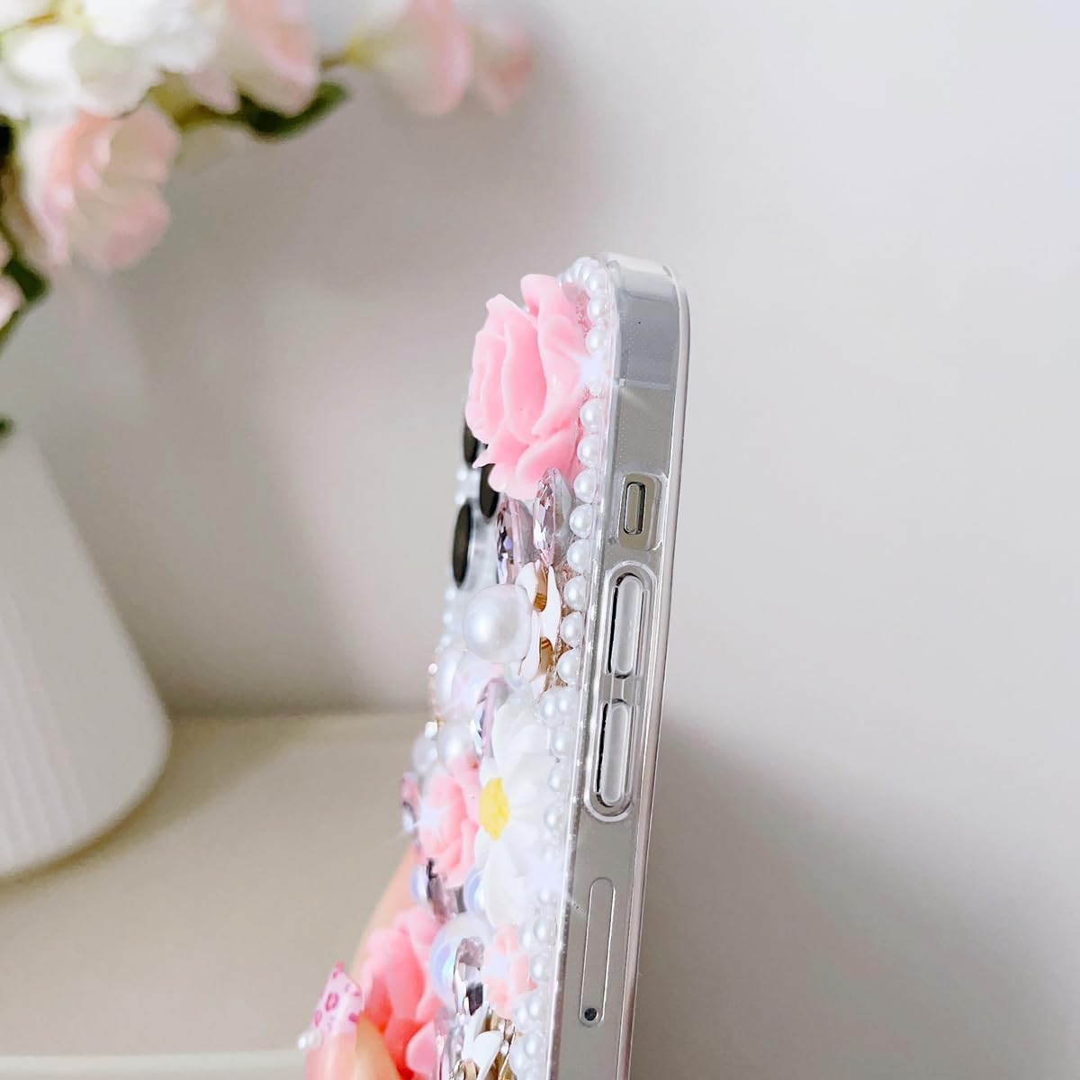 for iPhone 17 Pro Max Glitter Bling Case,Cute Luxury 3D Sparkle Crystal Rhinestones Flowers Diamond Pearl Gems with Lanyard Wrist Strap Women Girls Phone Case for iPhone 17 Pro Max 6.9", Pink - Image 8