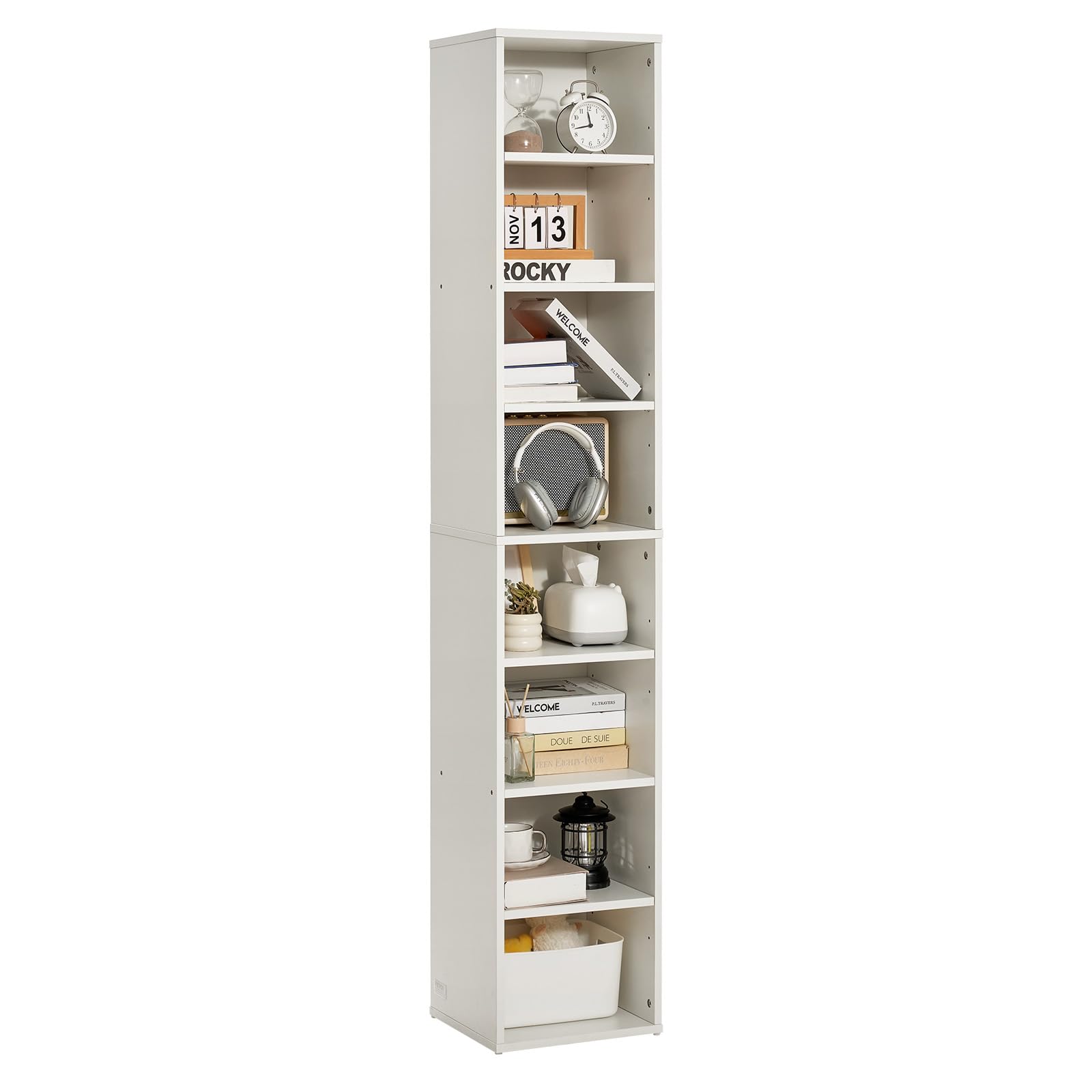 VEVOR Libreria Sottile a 8 Ripiani, Libreria Aperta in Legno Alta 180 cm con Ripiano Regolabile in Altezza, Espositore Autoportante per Riporre a Pavimento, Camera da Letto, Soggiorno, Ufficio, Bianco