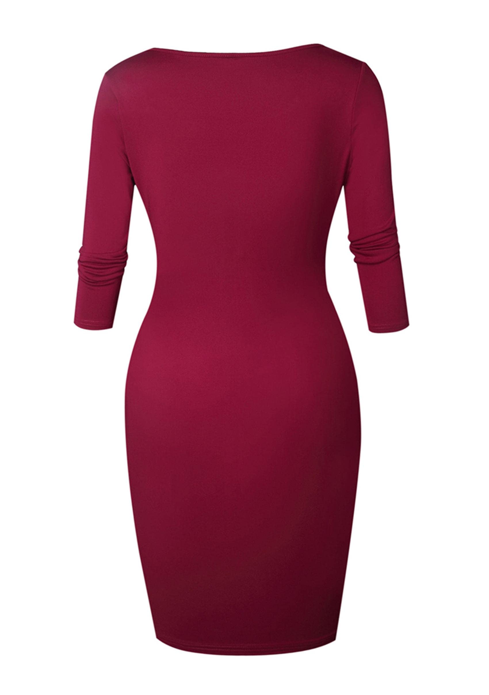 YMING Womens Zipper Front Bodycon Dress 3/4 Sleeve Midi Dresses Sexy Solid Color Club Dress: XX-Large Wine Red
