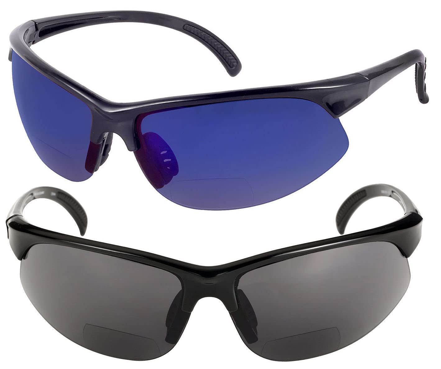 Mass Vision 2 Pair of Unisex Bifocal Sport Wrap Sunglasses - Outdoor Reading Sunglasses (Black/Open Road Blue, 1.5)