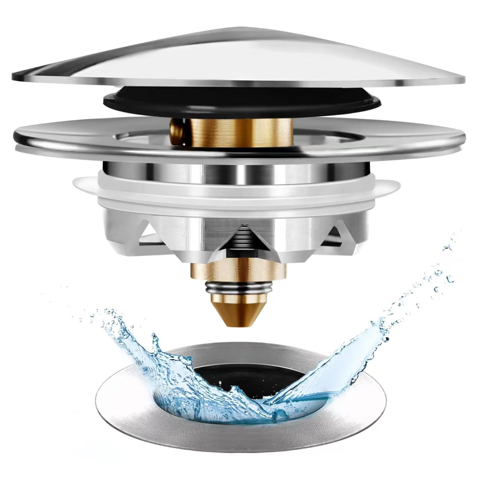 Universal Tub Stopper Bathtub Drain, Pop Up Bathtub Drain Plug and Cover, Replaces Bath Tub Lift and Turn, Tip-Toe and Trip Lever, Easy to Install and Clean, All Brass Plating Process
