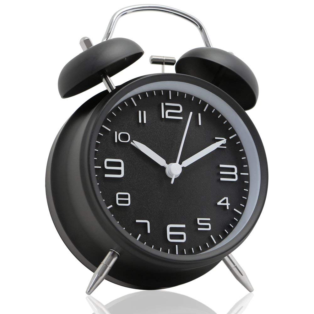 ZINLEY Metal Frame 3D Dial with Backlight Function Desk Ticking Twin Bell Alarm Digital Clock - Midnight Black, 4 Inch