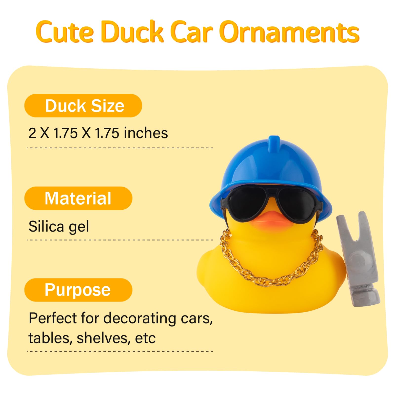 wonuu Car Dashboard Decorations Rubber Ducks, Construction Builder Rubber Ducky for Car Ornament Cute Duck with Tool, Hard Hat, Glasses, Necklace (Hammer)