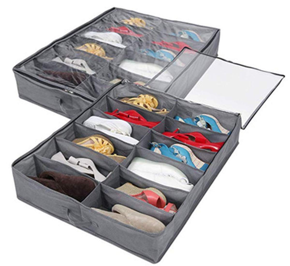 CharmCollectionOrganizing Bins Under Bed Shoes Tidy Organiser Foldable Fabric Holder Closet Large Heavy Duty Underbed Shoe Storage Bag with Clear Lid 80 x 63 x 15 cm Grey Pattern 12 Pockets x 2