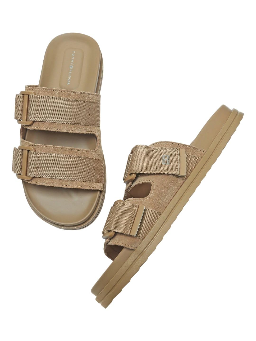 Solid khaki leather open-toe slipon-image-1