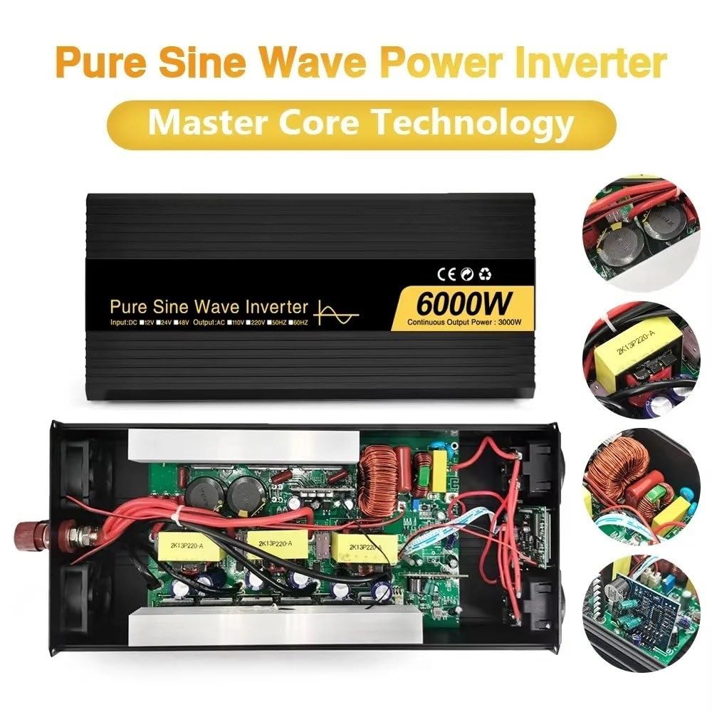 Transformador Inversores Onda Sinusoidal Pura 5000W 6000W 4000W con Doble Enchufe Europeo Convertidor Voltaje CC 12V 24V 48V A CA 110V 220V 50Hz 60Hz Inversor Convertidor