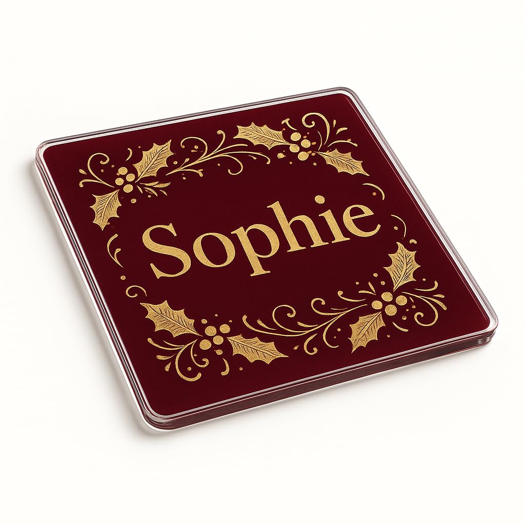 The Plum Penguin Winter’s Embrace Personalised Acrylic Coaster Place Setting Gift - Burgundy Elegance Design With Gold Foil - Classic Christmas Home Decor Present