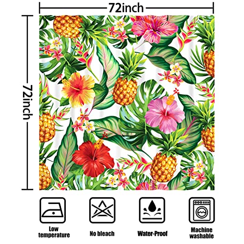 Summer Tropical Shower Curtain, Pineapple Palm Leaves Floral Shower Curtain, Green Botanical Shower Curtain For Bathroom, Waterproof Washable Shower Curtain Set 12 Hooks Included - 72 X 72 Inch #TOP4