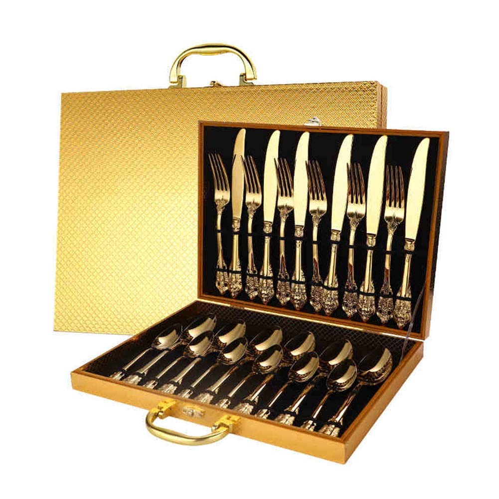 Juego de Cubiertos de Acero Inoxidable, Elegante Juego de Cubiertos con maletín Dorado, Cuchillo, Tenedor y Cuchara de Acero Inoxidable Pulido (Oro, 24 Piezas)