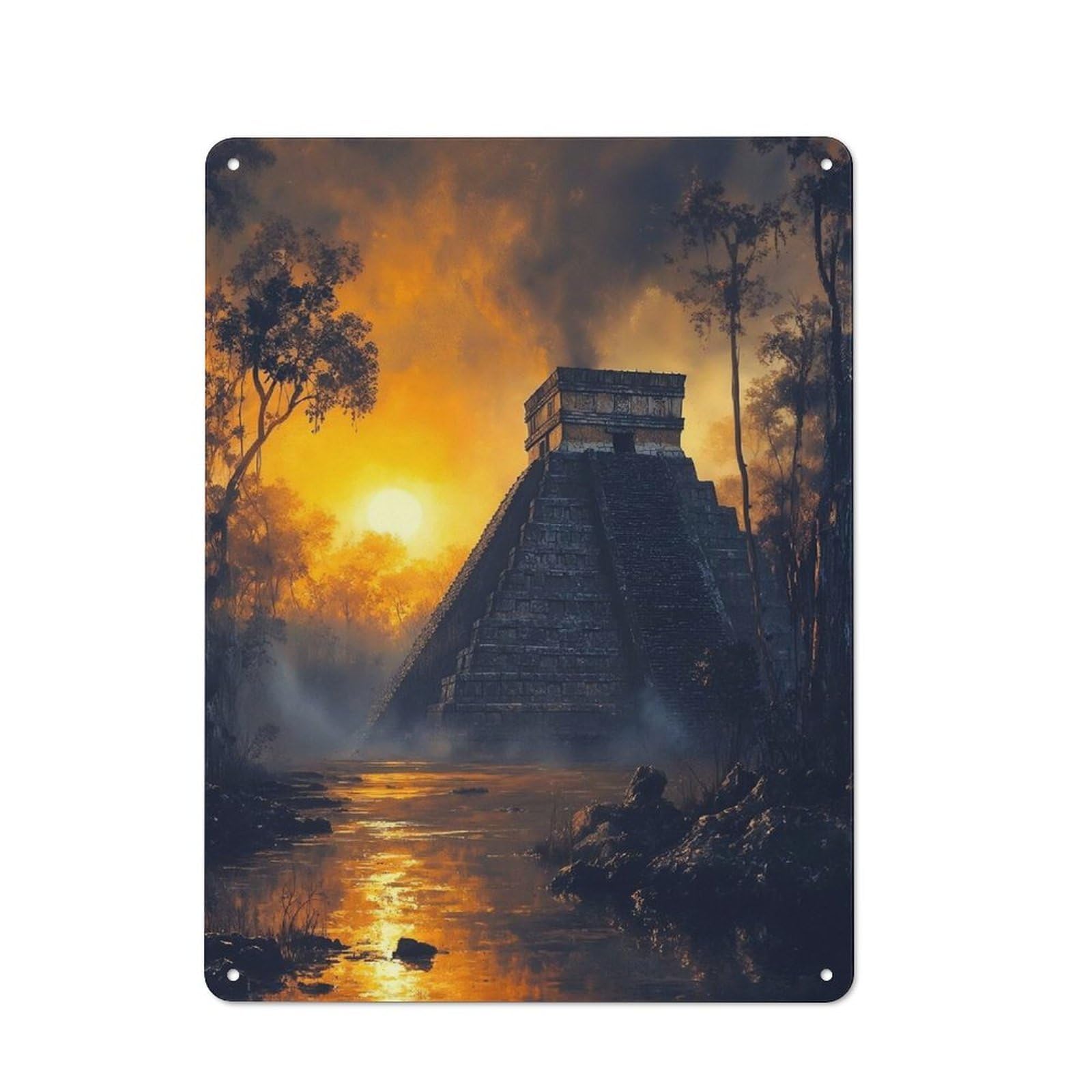 Junmoney Style-11 Tin Wall Plaque 40X30cm With Mayan Pyramid At Sunset For Living Room Wall, For Kitchen, Dining Room And Home Bar Wall Decor