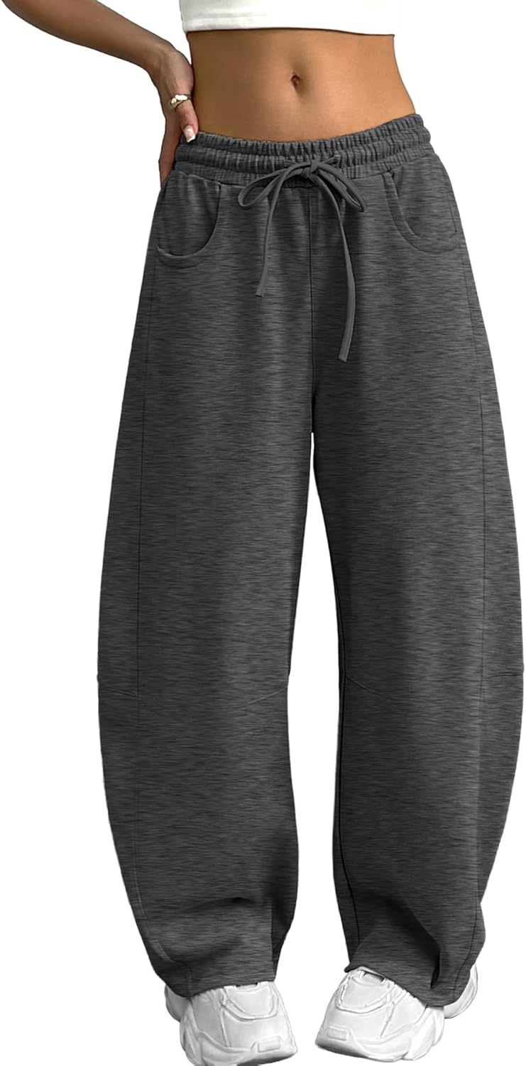 ELLEVEN Women's Cotton Barrel Leg Sweatpants with Elastic Waist, Drawstring, and Pockets – Casual Baggy Joggers