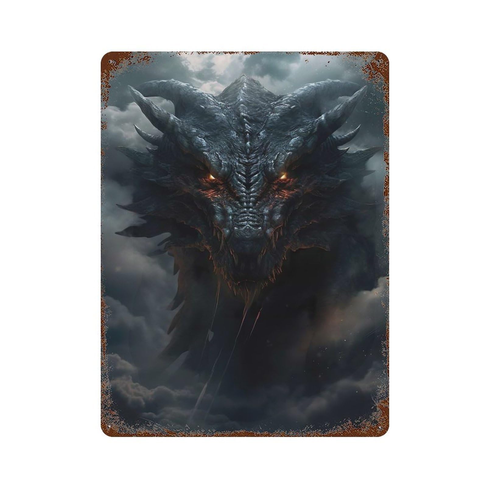 Rust Effect Black Dragon in Clouds Rusty Metal Tin Sign 15.7"x11.8", Old School Wall Decor for Pub, Kitchen And Man Cave Decor