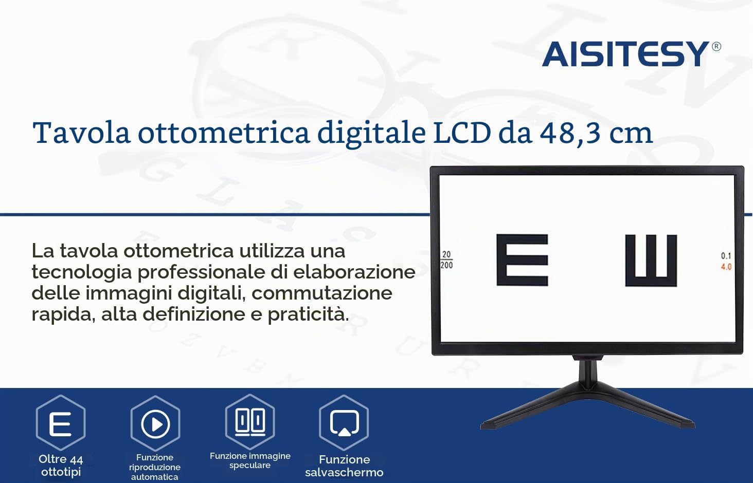 Vision Meter digitale LCD da 19 pollici, misuratore ottico elettronico con 44+ obiettivi visivi e 5 metodi di visualizzazione ottometria Proiettore con telecomando