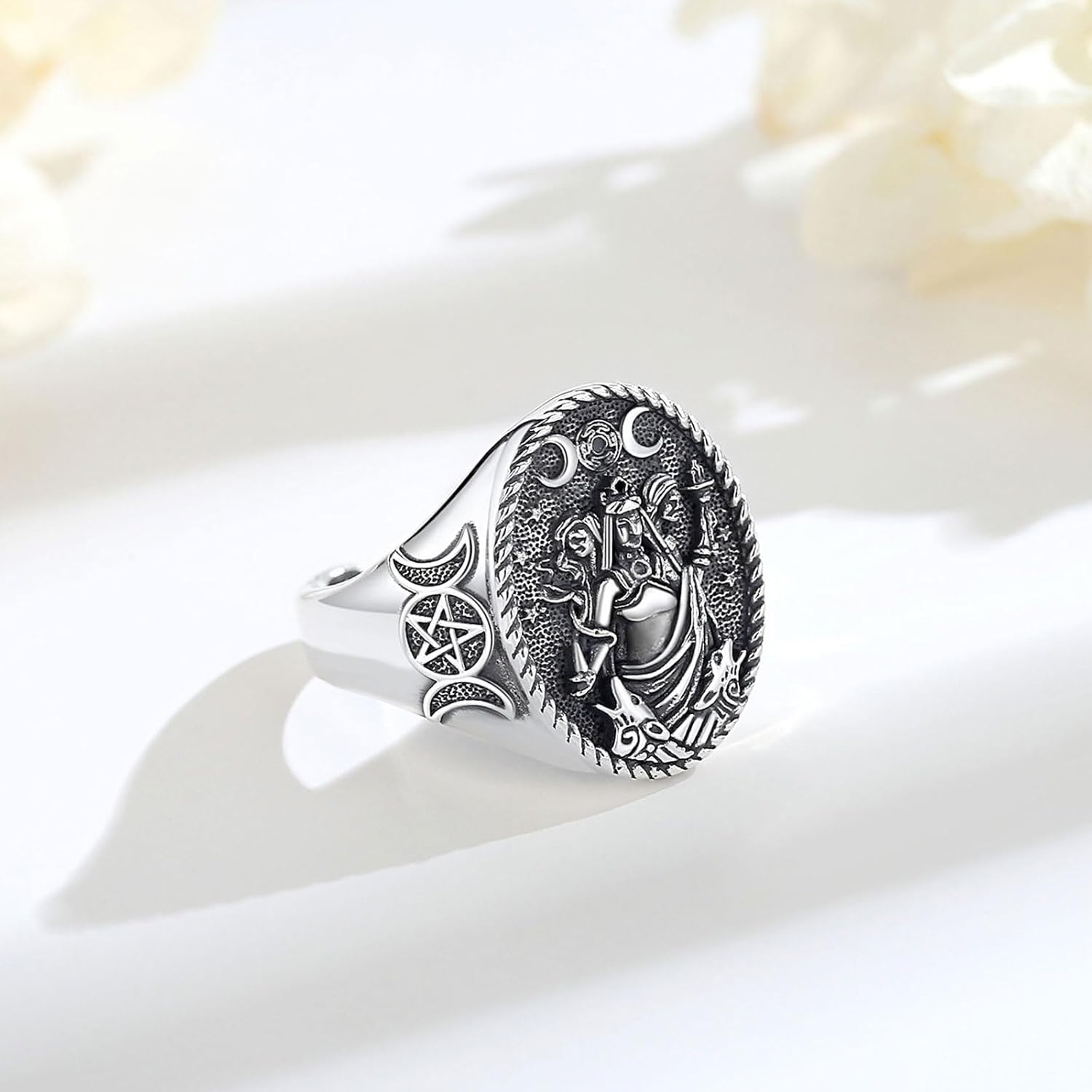 Vito 925 Sterling Silver Adjustable Band Ring for Women Men, Seven Archangels Band Ring St Benedict Evil Eye Hecate Triple Moon Goddess Rings Vintage Jewelry