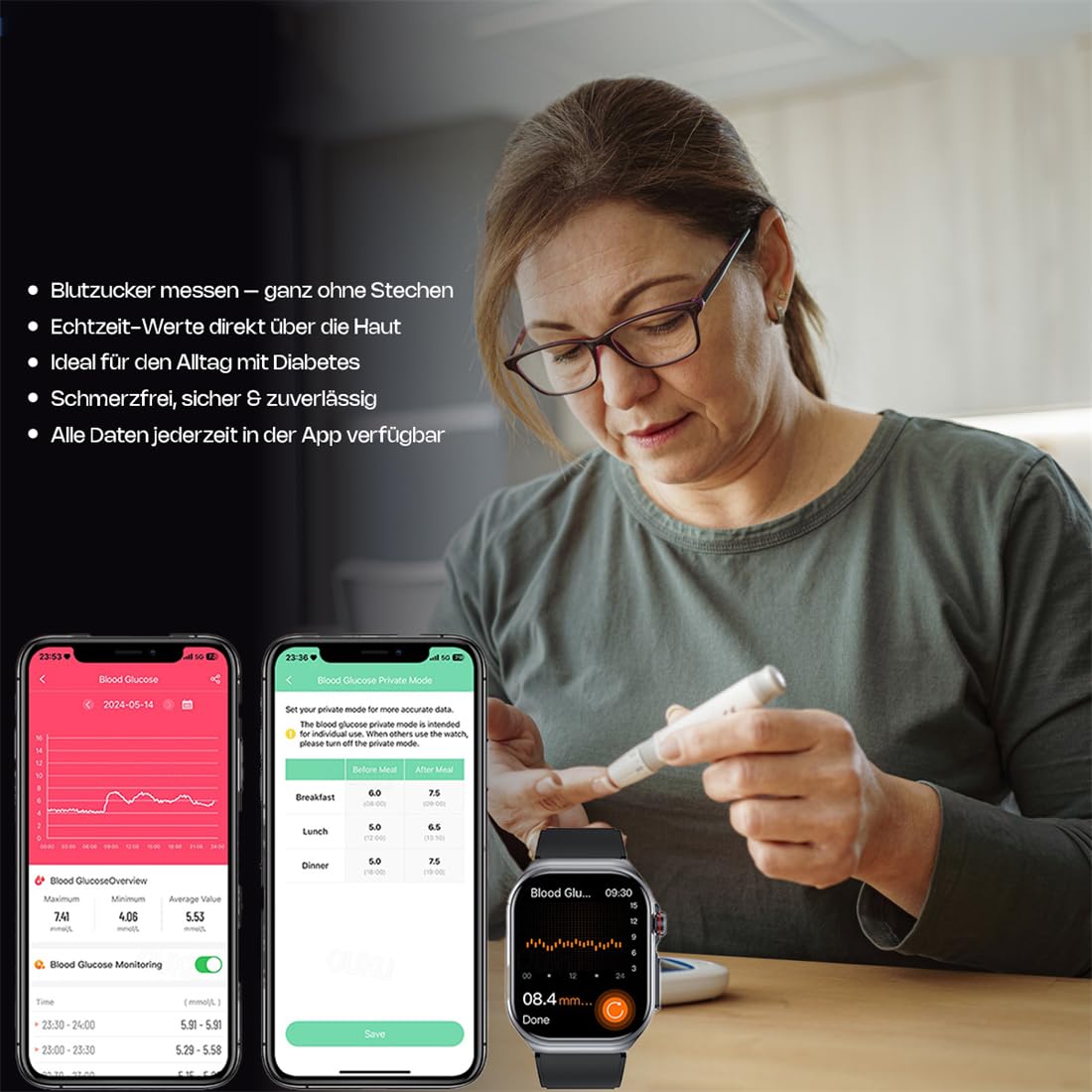 MEIION Ortho Leben Orthowatch Arca Smartwatch für Senioren – Einfache Bedienung, SOS-Notruf & Sturzerkennung, Echtzeit Herzfrequenz- & SPO₂-Überwachung für Schwimmen, Radfahren, Laufen, Fitness
