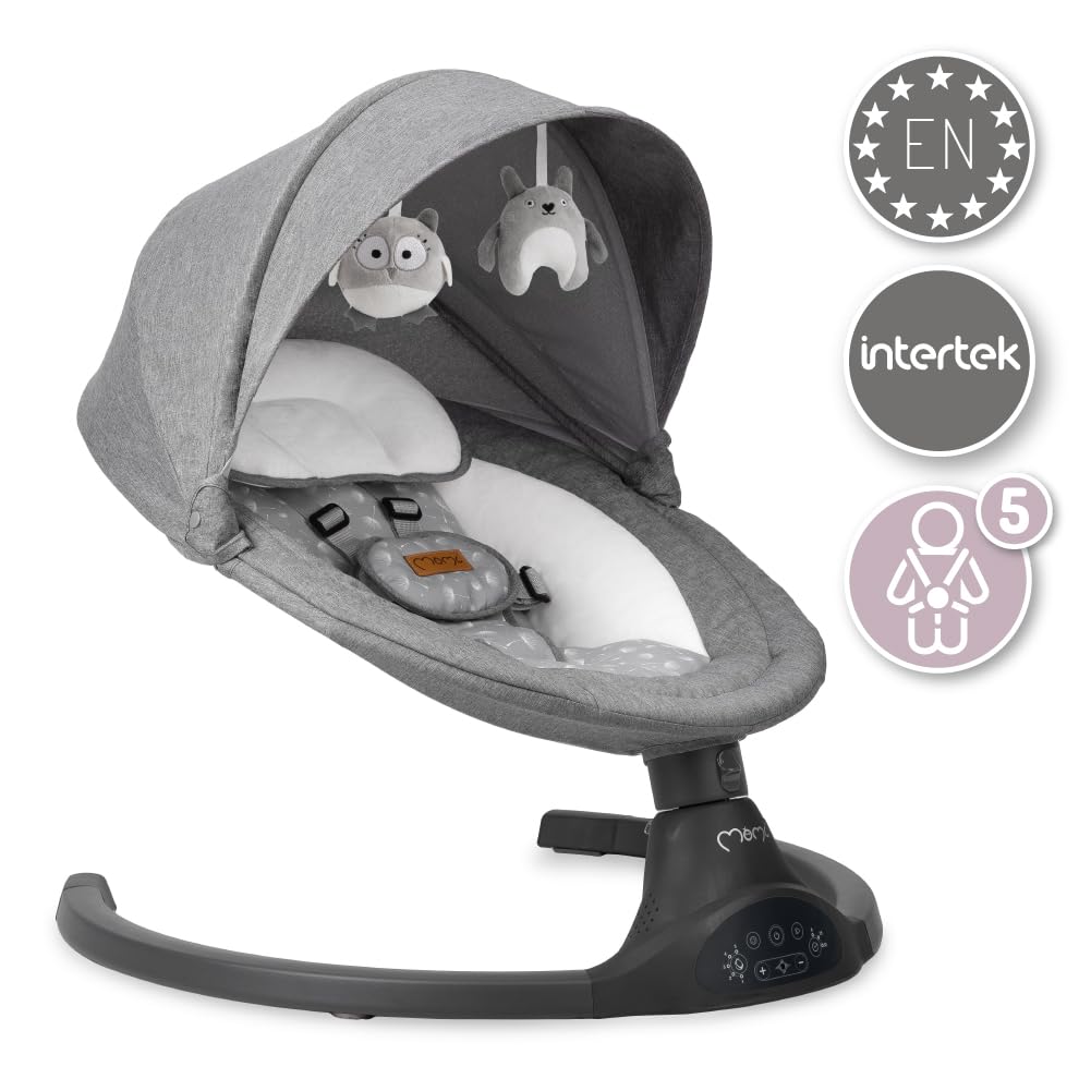 MoMi KENANI Mecedora para Niños hasta 9 kg, Plegable, con Mando a Distancia y Bluetooth, Funciona con Pilas/Electricidad, Arnés 5 Puntos, Visera Solar